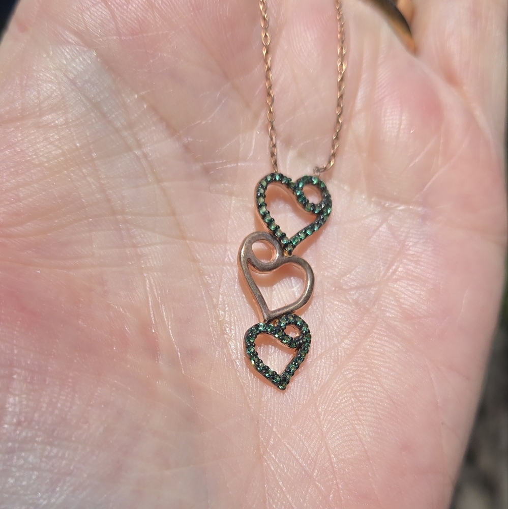 Emerald sterling & rosegold tripple Heart Necklace 16" - Picture 4 of 7